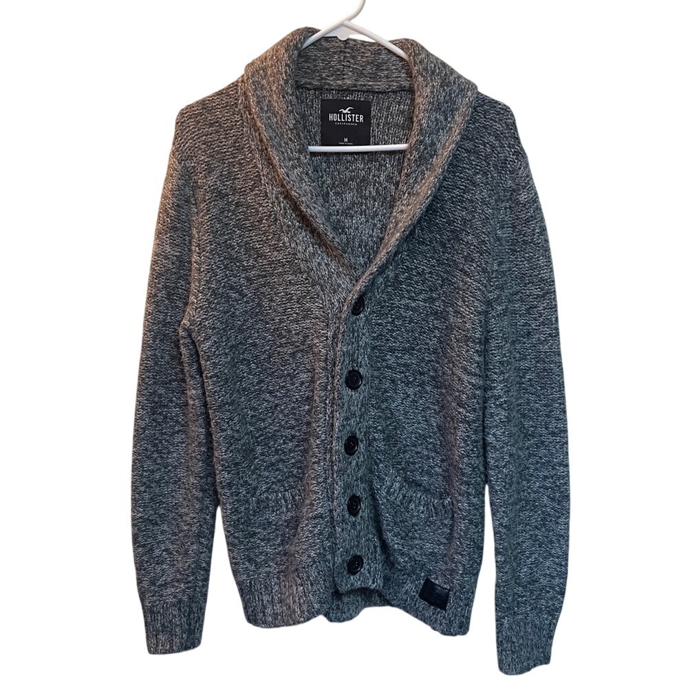 Hollister Mens Gray Marl Shawl Collar Button Front Cardigan Sweater M
